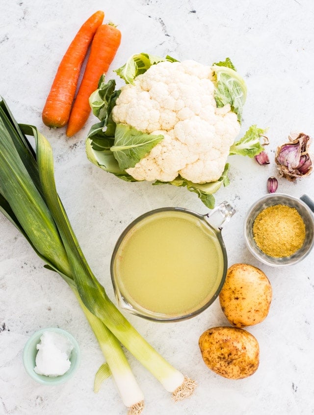 Flat lay of ingredients used in vegan cauliflower soup