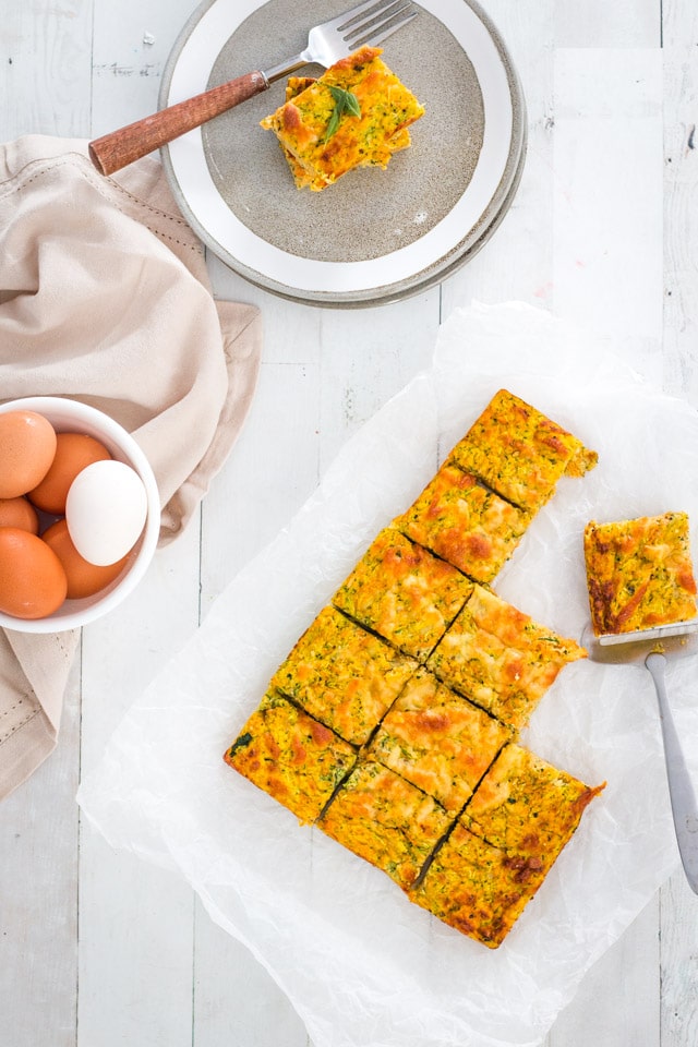 overhead flat lay shot of a zucchini slice on some baking paper and some zucchini slice on a plate, with a bowl of multi colored eggs on the side