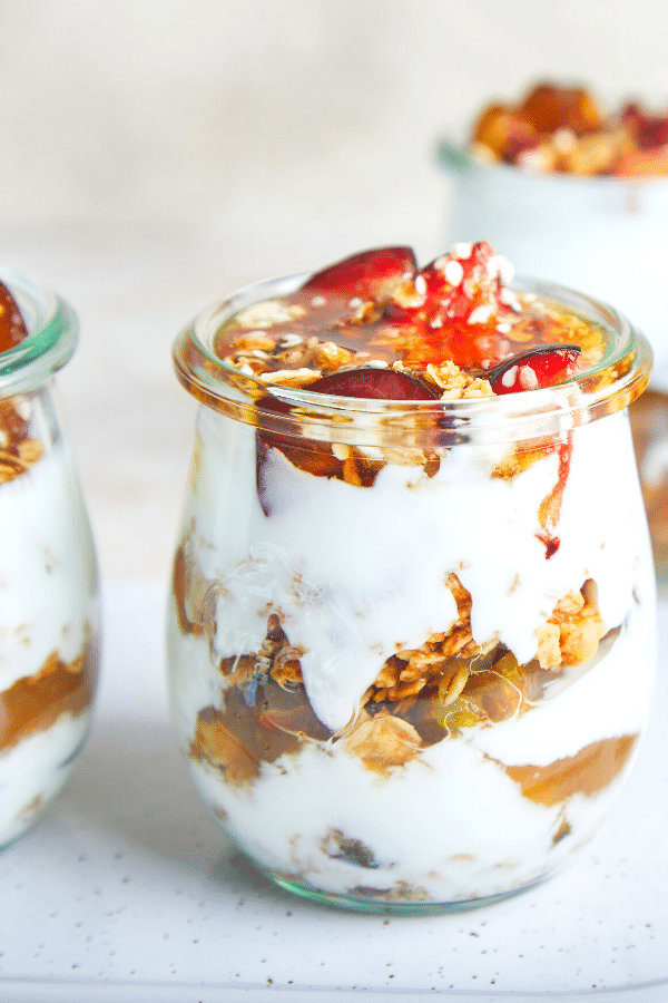 Up close shot of a constructed fruit and yogurt parfait