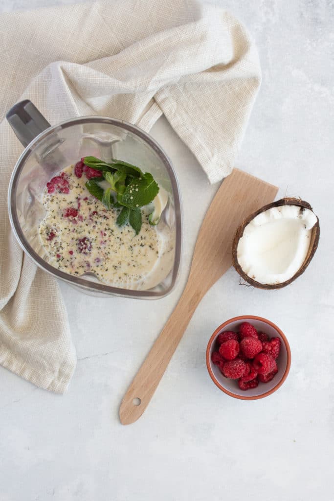 Overhead shot of ingredients for red berry smoothie