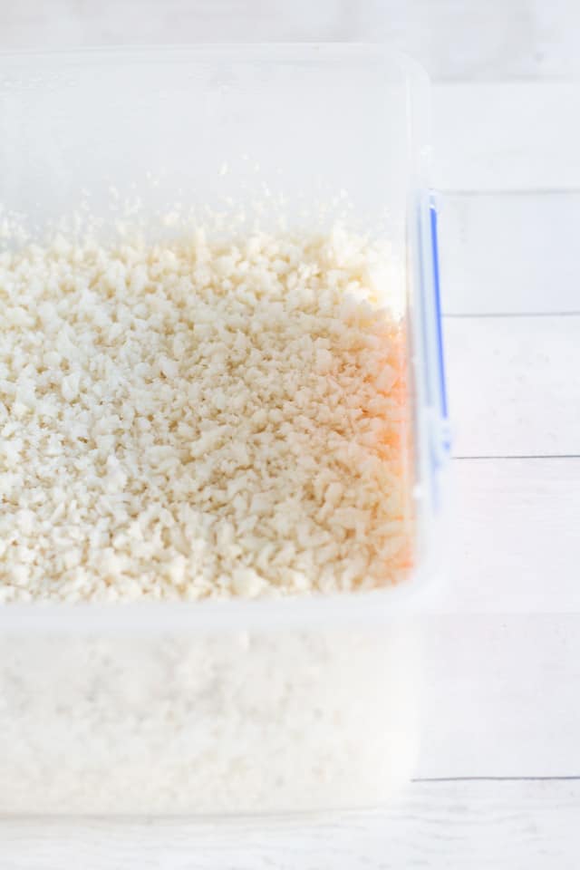 Cauliflower rice in a clear plastic container