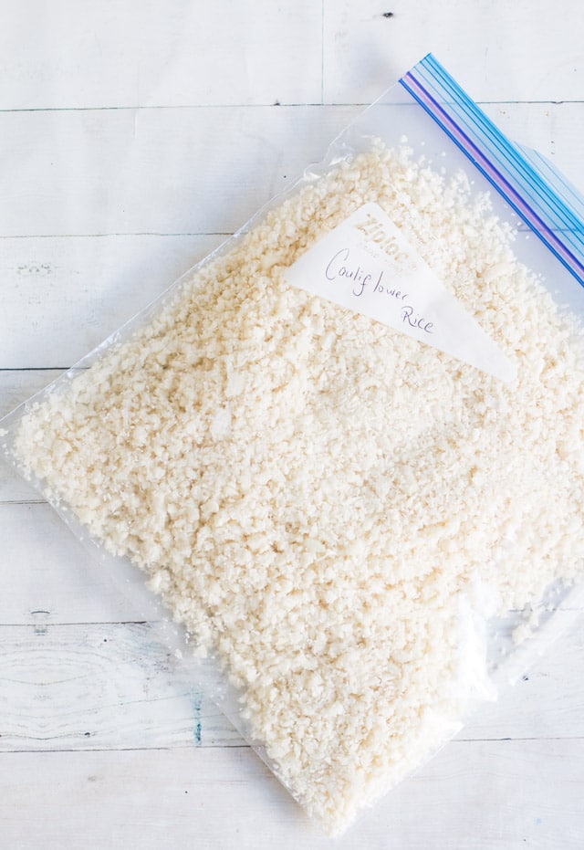 Cauliflower rice stored in a ziploc bag