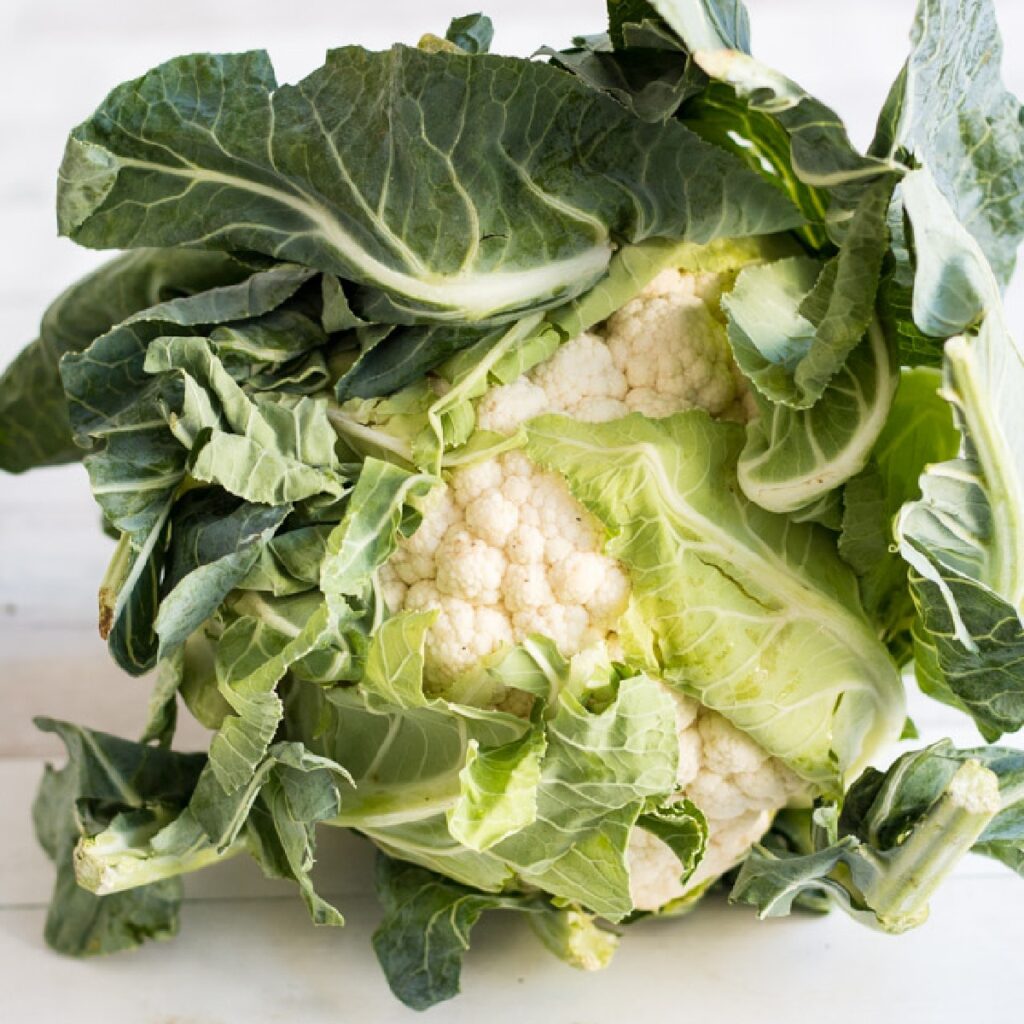 Whole cauliflower against a white background