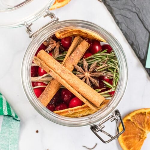 Overhead shot of natural potpourri in a glass jar