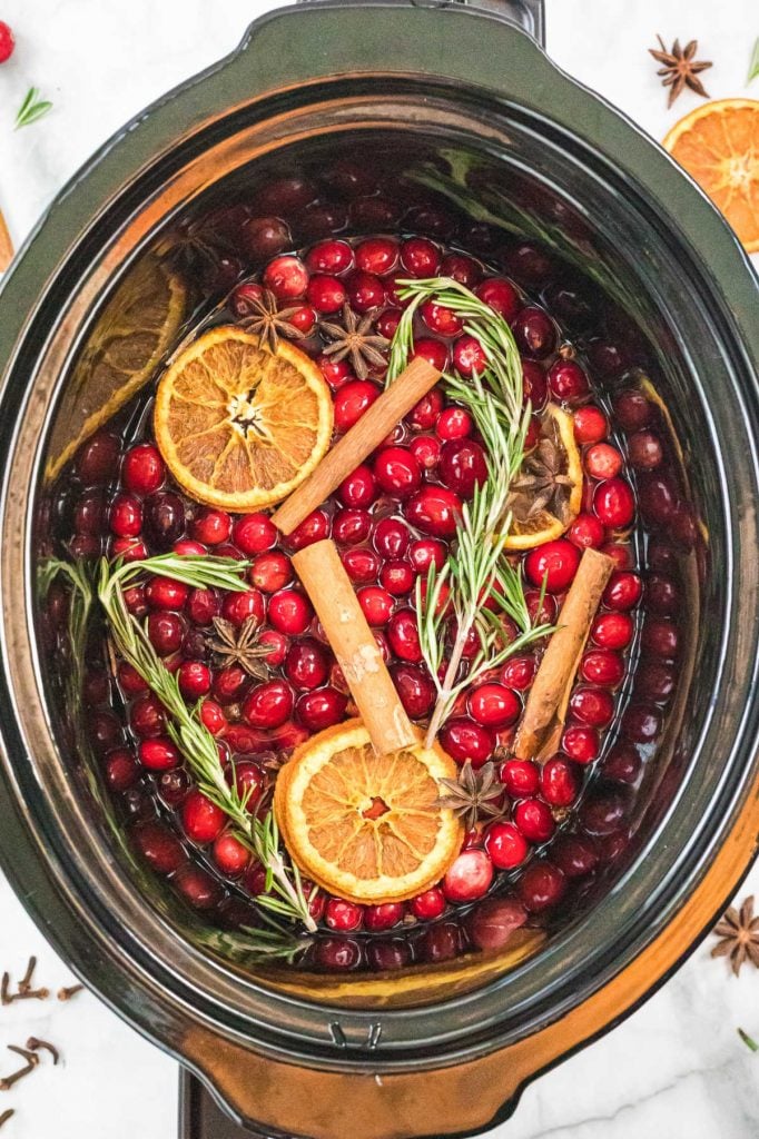 Overhead shot of ingredients for natural potpourri in a slow cooker