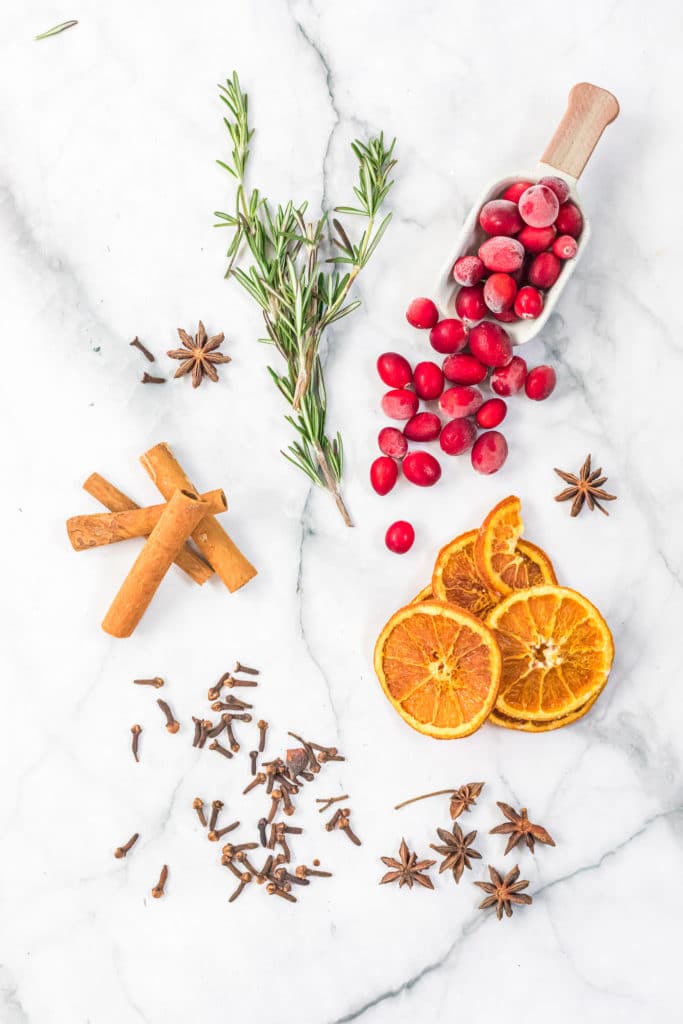 Overhead shot of ingredients required for homemade potpourri