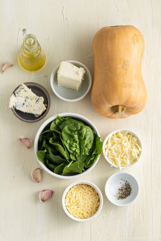 Overhead shot of ingredients for stuffed butternut squash