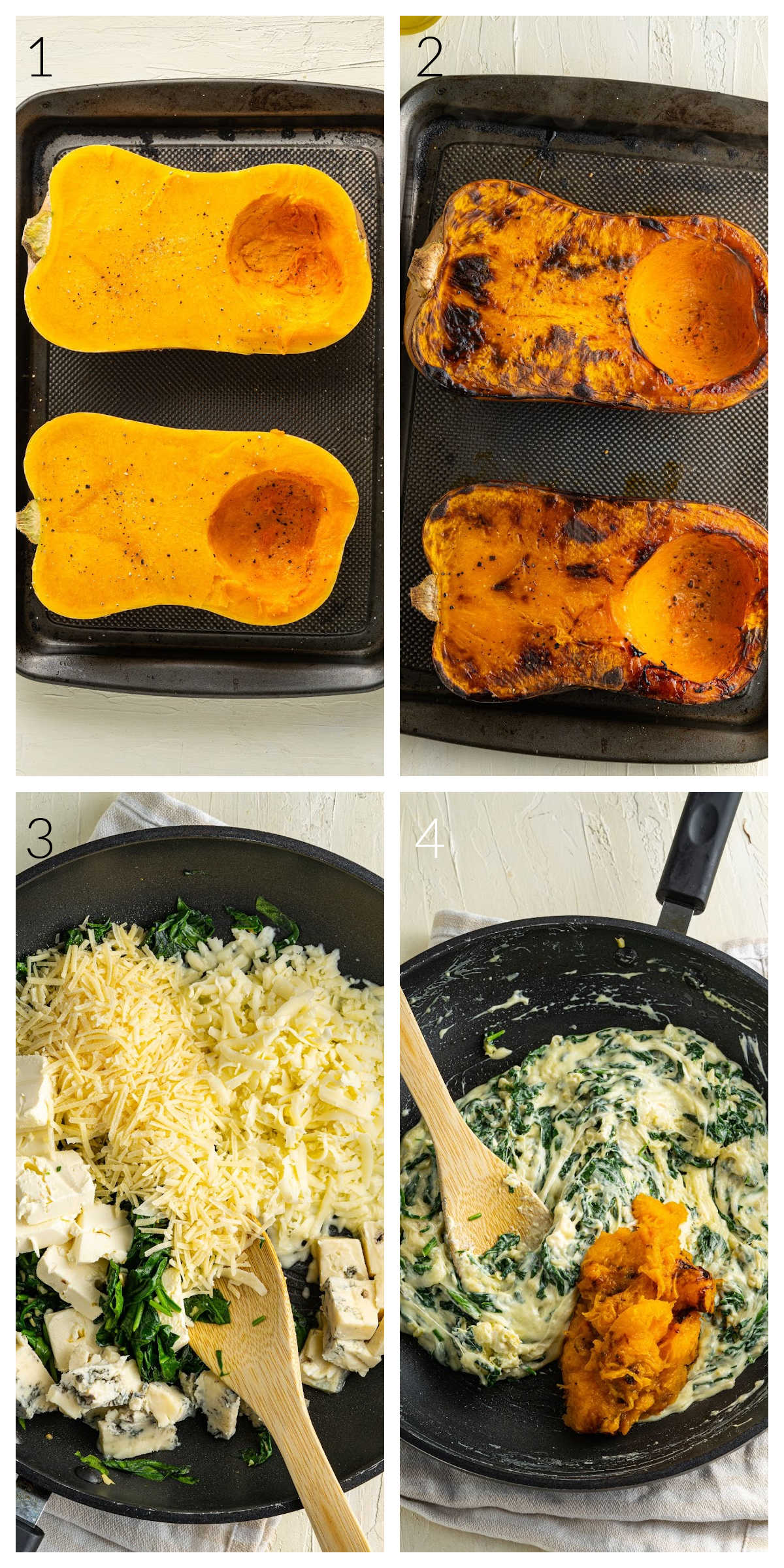 collage of process of roasting the butternut squash and making the four cheese stuffing mixture