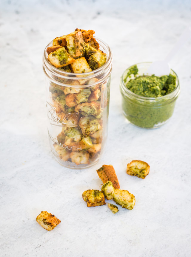 A shot of an easy way to use pesto on pesto croutons