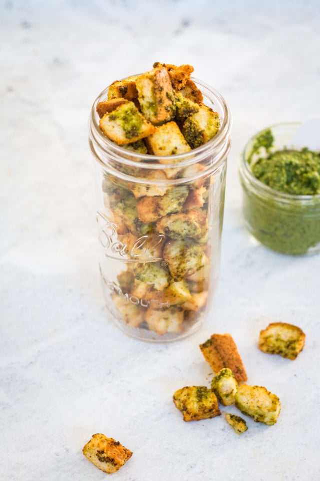 A shot of an easy way to use pesto on pesto croutons