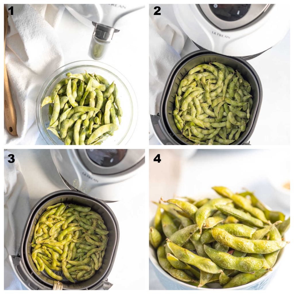 Collage of steps to make edamame in the air fryer: all of the ingredients added to a bowl and combined, followed by being put into the air fryer