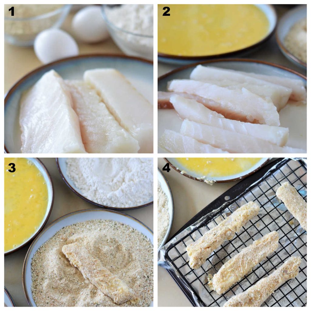 Collage of the process photos for making homemade fish fingers from scratch