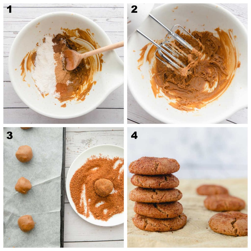 Collage of the steps required to make homemade crispy gingersnap cookies: mix dry ingredients with wet, roll into balls, roll in coconut sugar and bake until crispy