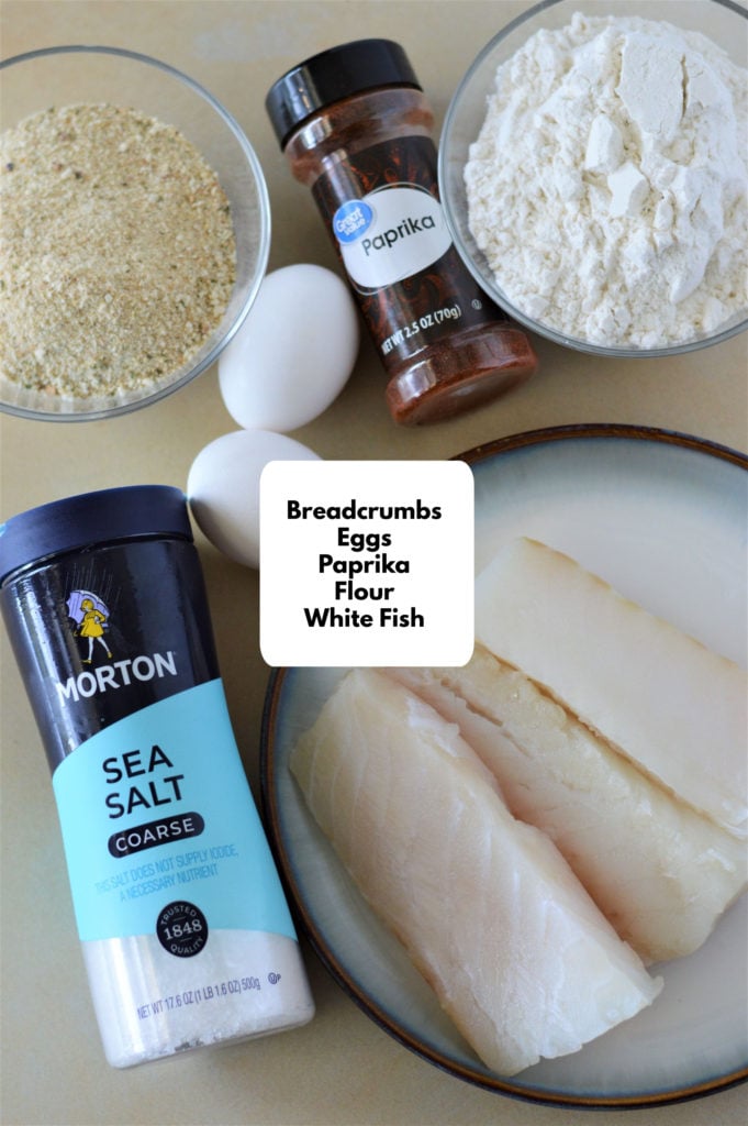 Labelled ingredient shot of ingredients needed for baked fish sticks