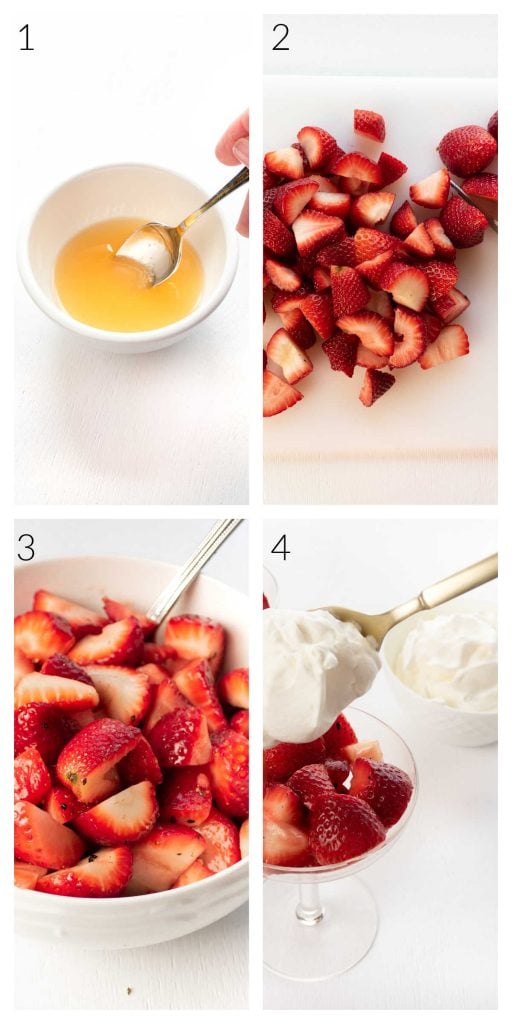 Collage showing the process steps for making strawberries marinated in grand marnier
