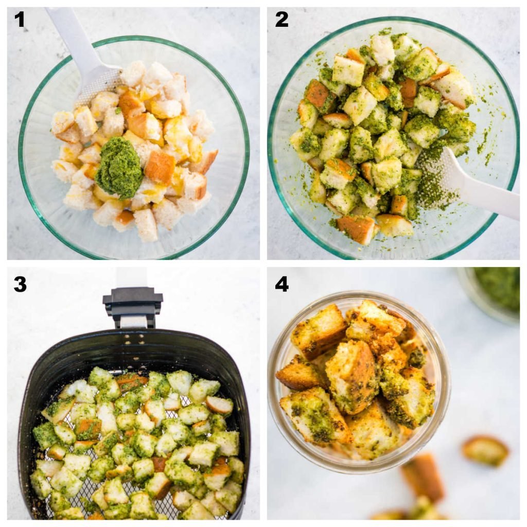 Collage of the process for making pesto croutons: mixing together the torn bread and pesto, adding it to the air fryer and cooking until golden