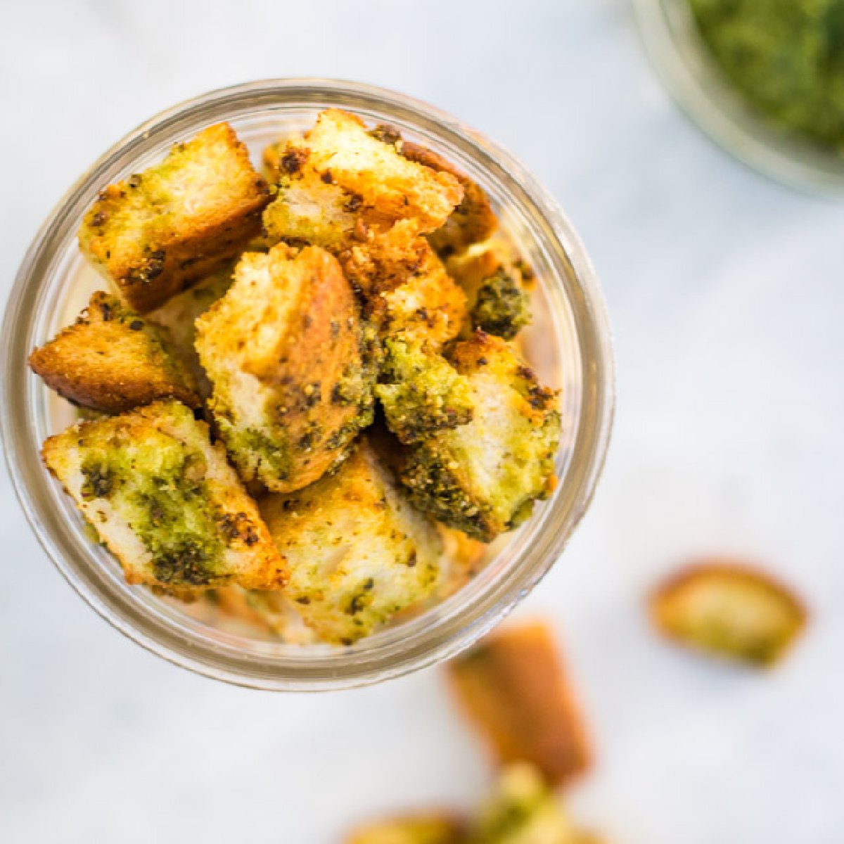 overhead shot of pesto croutons made in the air fryer