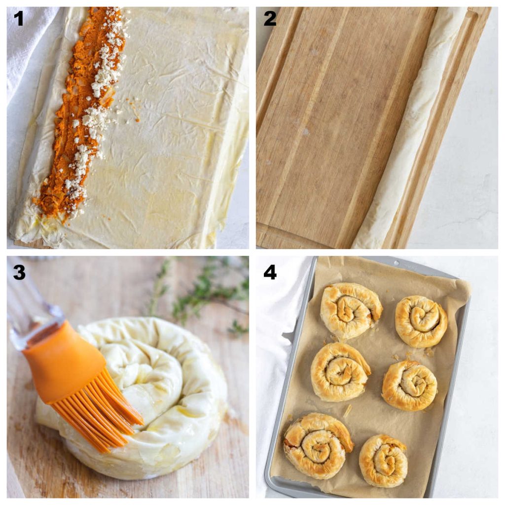 Process shots of how to make pumpkin phyllo rolls