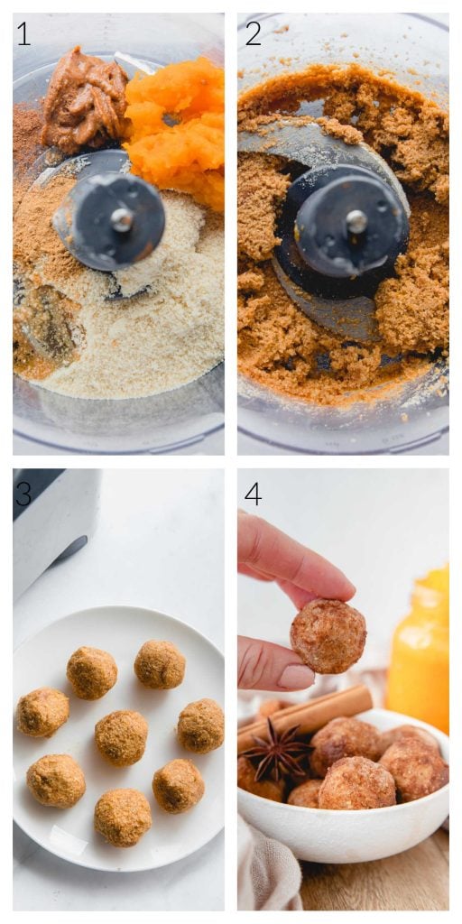 Collage of process steps to make no bake pumpkin energy balls