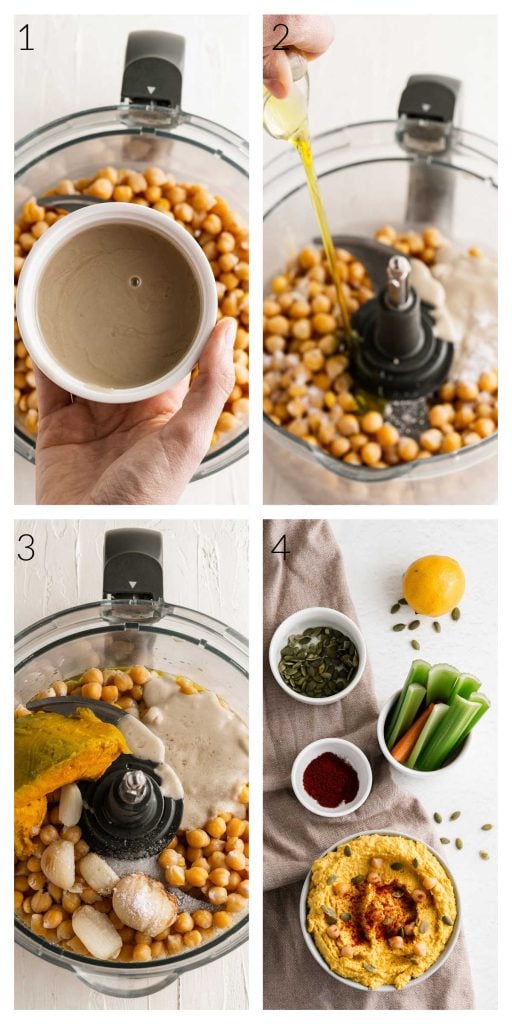 Collage of process for making homemade roasted pumpkin hummus in a food processor