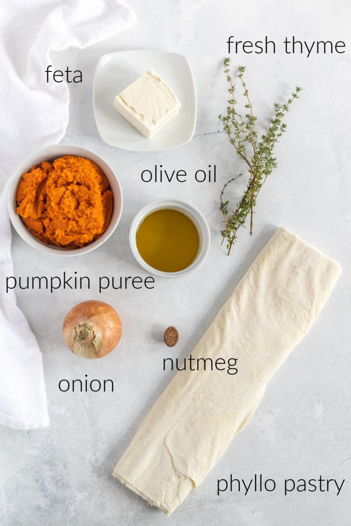 Overhead ingredient shot of ingredients for pumpkin filo savory hand pies