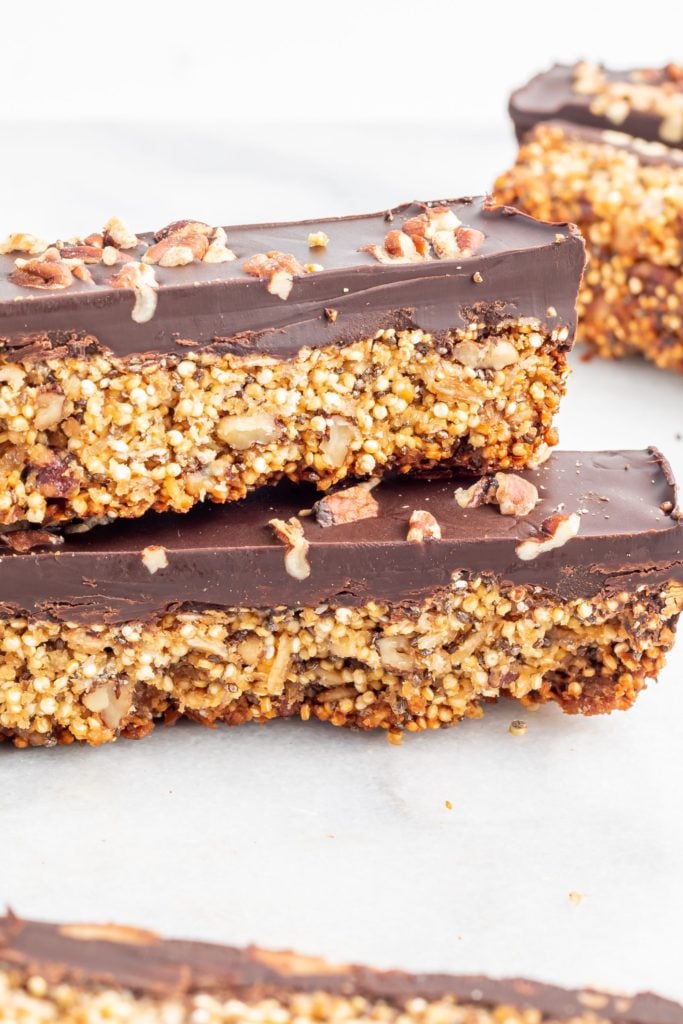 Up close shot of a stack of quinoa chocolate bars