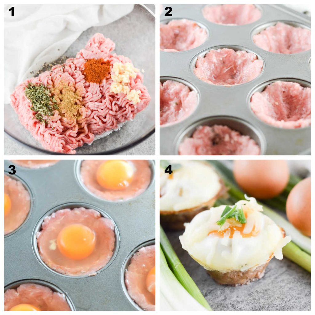 Collage of process for making Pork Sausage and Egg Muffin Cups