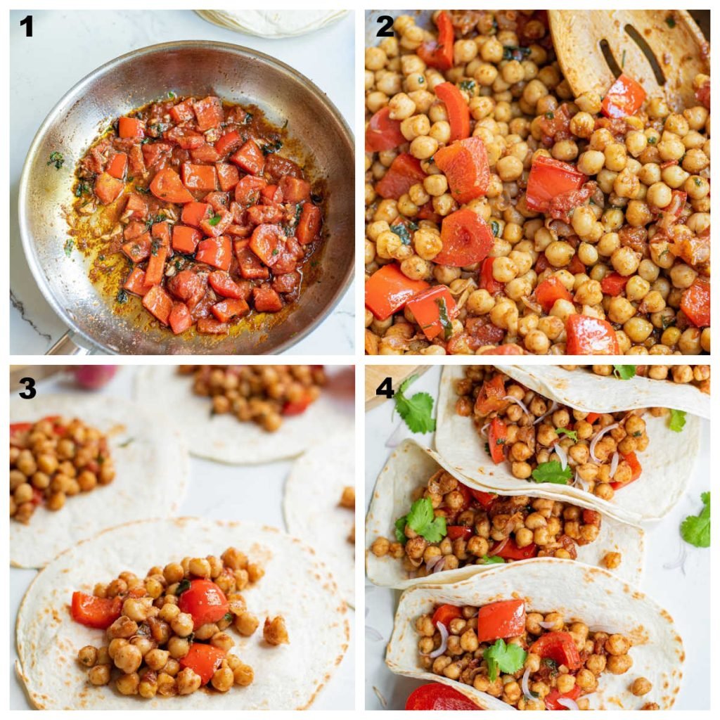 Collage of the process if cooking bell pepper and chickpea taco filling