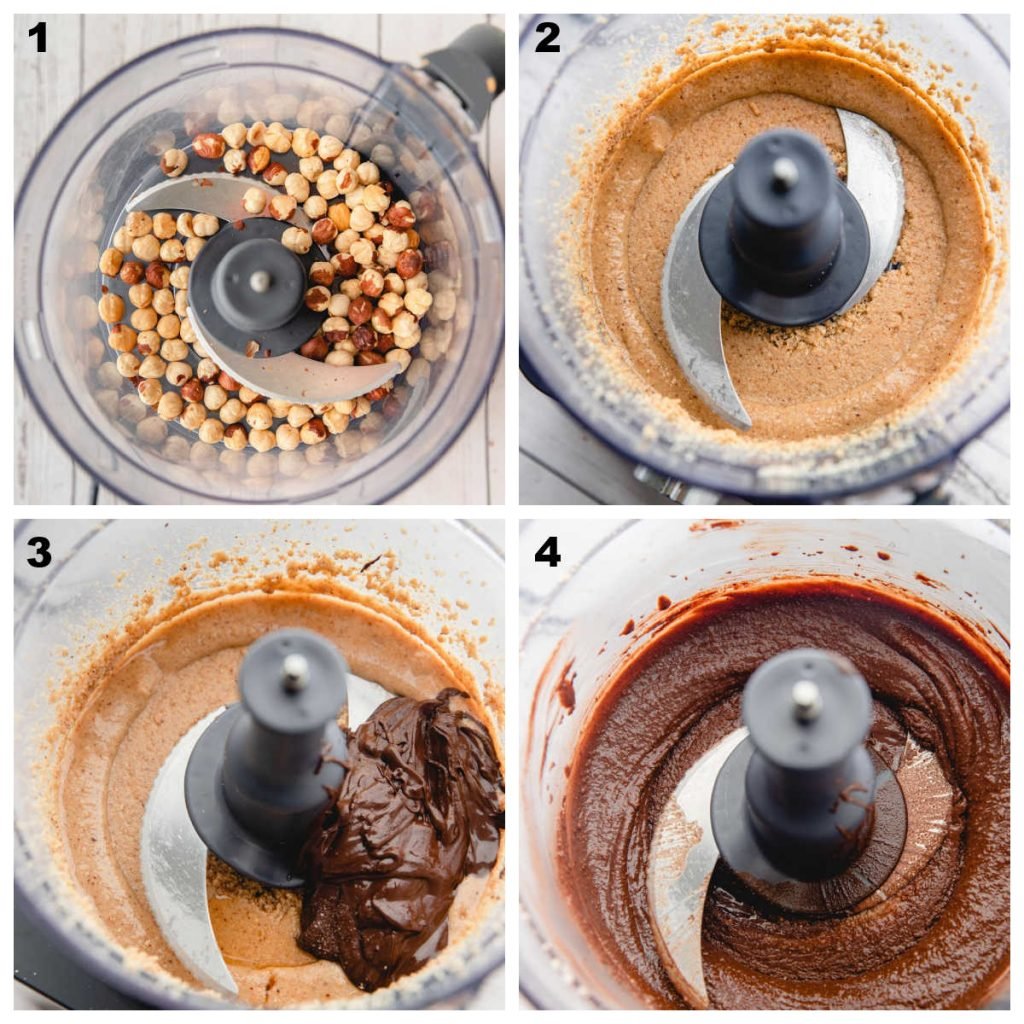 A collage showing how to make homemade hazelnut butter and then add melted chocolate to make a hazelnut spread