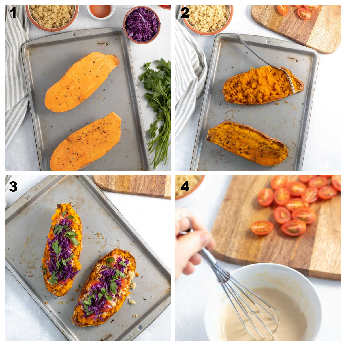 Collage of the process required for making stuffed sweet potatoes: halve the sweet potato, roast, add the quinoa salad and drizzle on the dressing