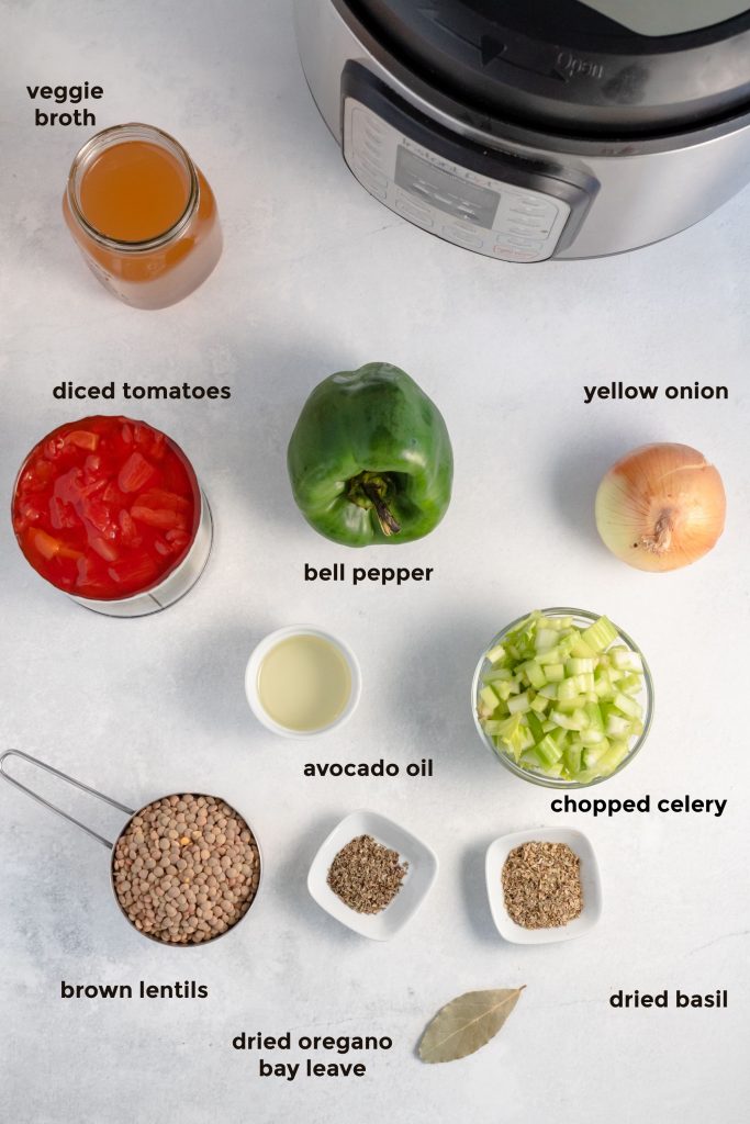 Overhead shot of all the ingredients required to make a vegetarian bolognese sauce