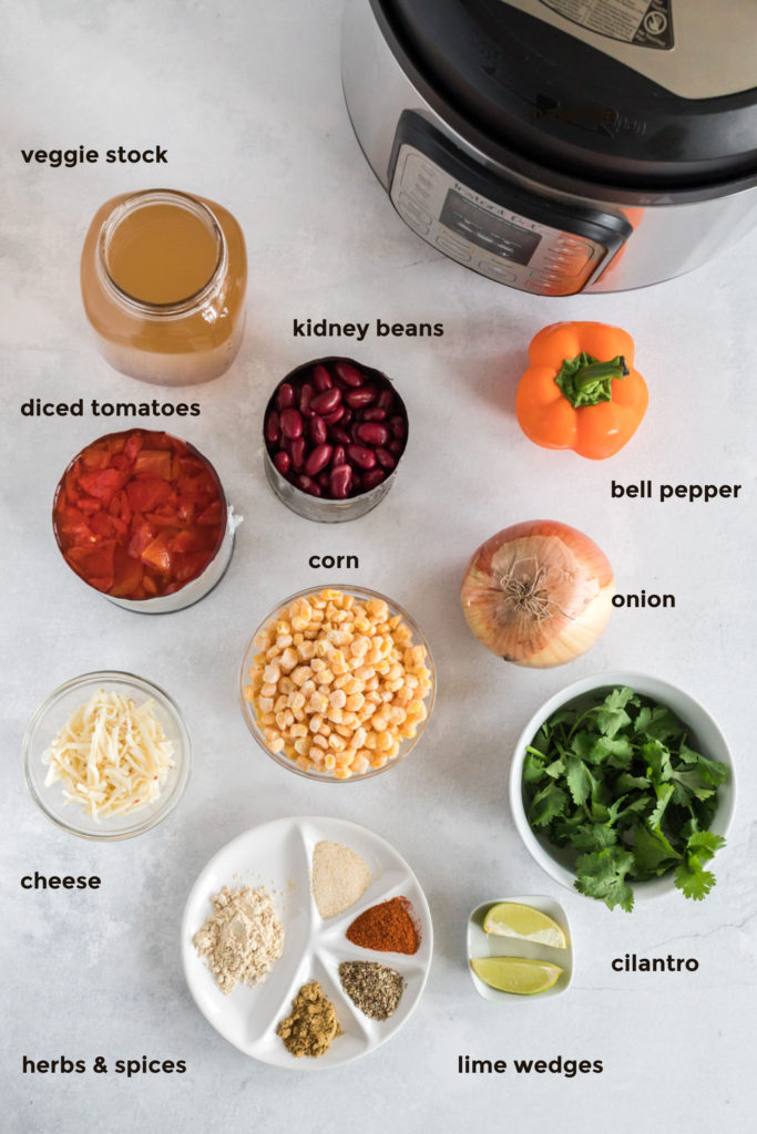 Labelled ingredient shot of everything needed to make instant pot taco soup