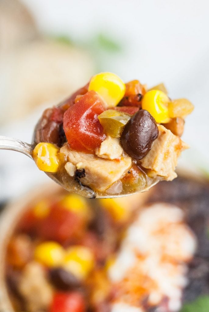 Up close shot of enchilada soup being scooped onto a spoon with the rest of the soup in a rustic bowl in the background
