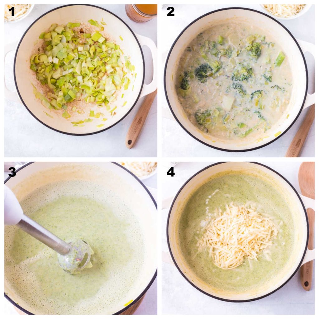 Process shots for making broccoli sweet potato soup: saute, add veggies, blend, add cheese and serve