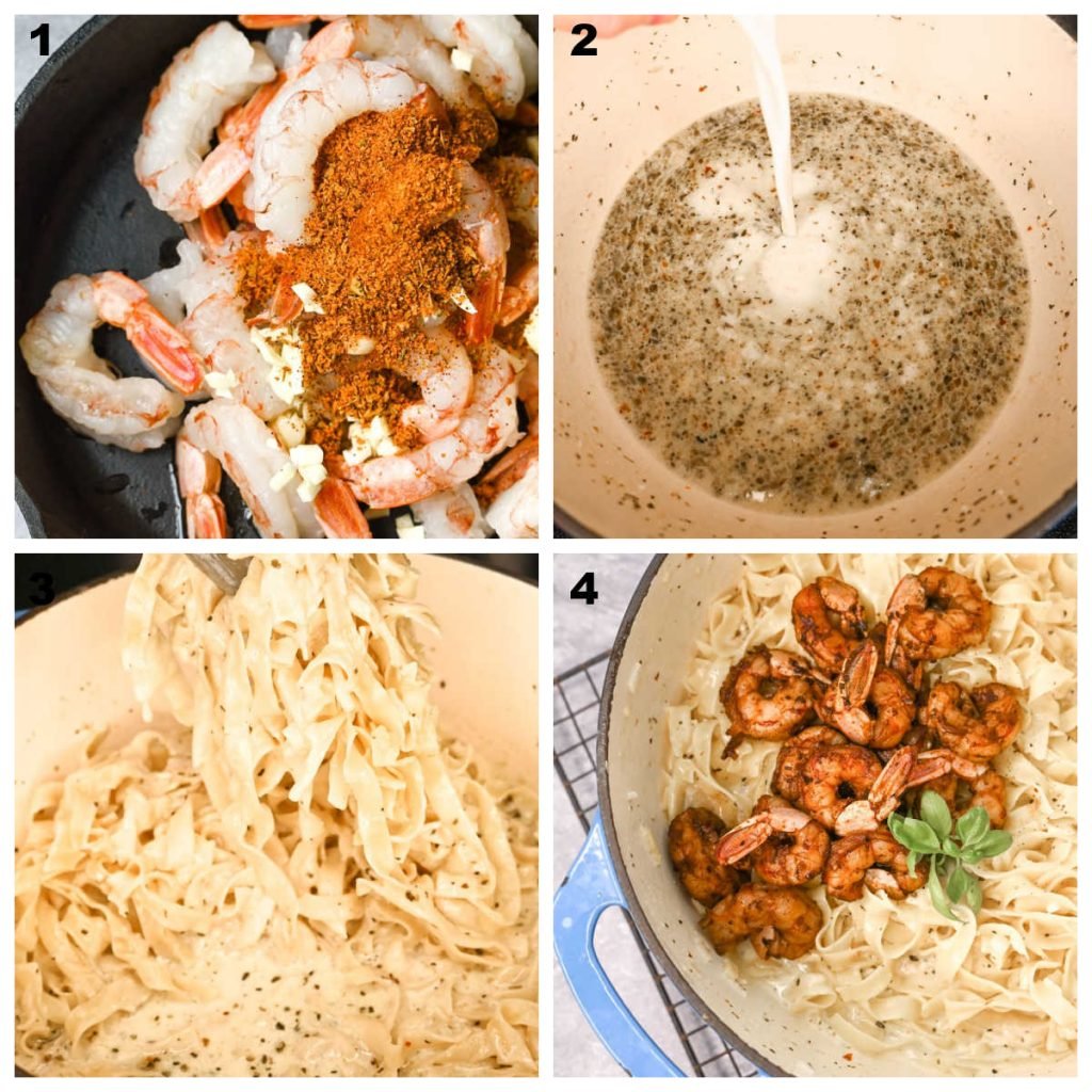 A collage of the steps required to make Cajun shrimp alfredo: sauté the shrimp and cajun seasoning, make the sauce, add the cooked pasta, add the cooked shrimp and combine
