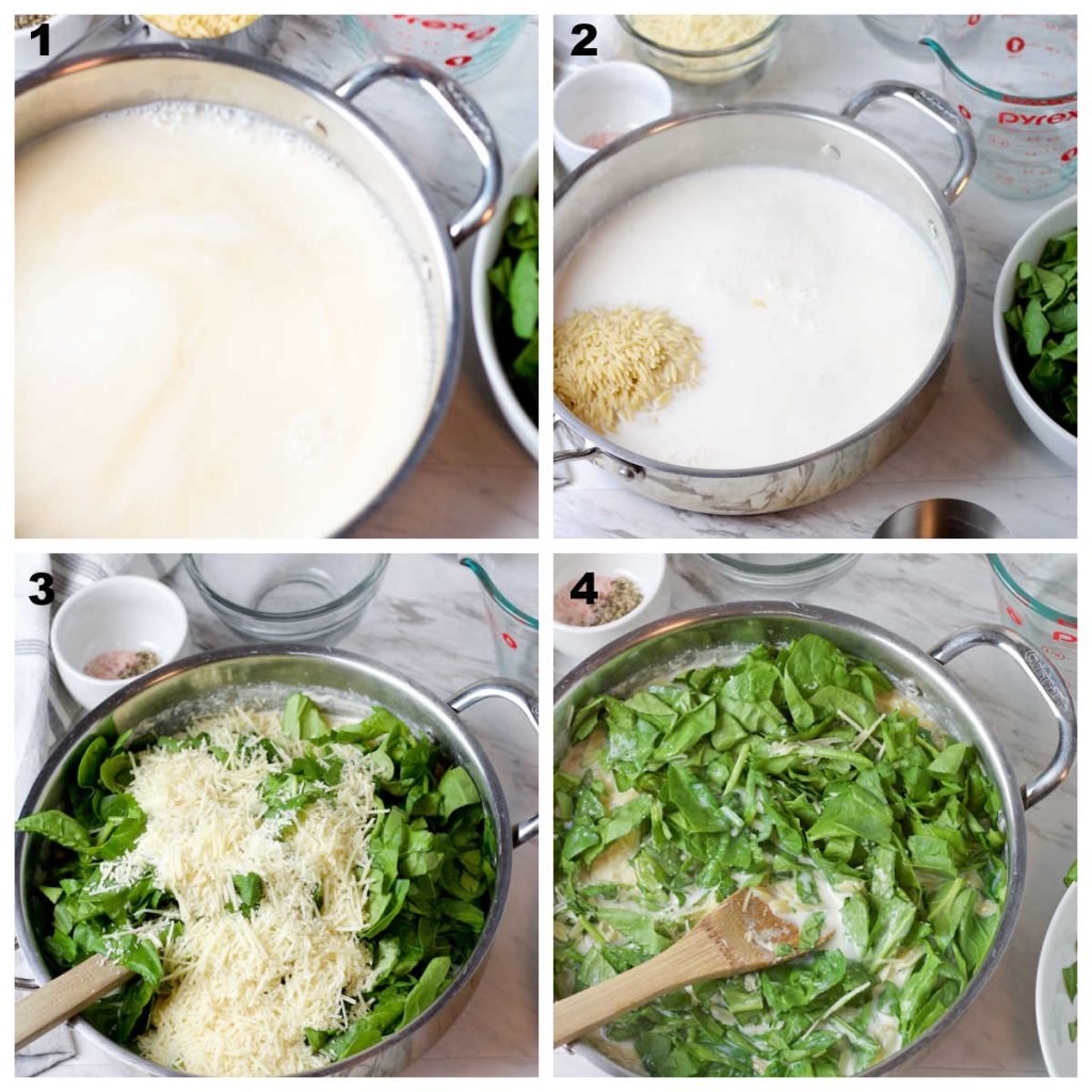 Process collage of the steps required to make creamy orzo with spinach: heat the milk, add the orzo, add the cheese and spinach, combine and serve