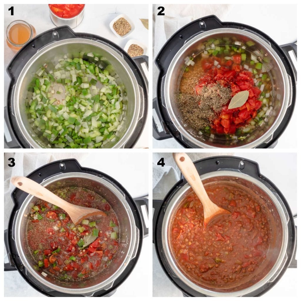 collage of the process for making vegetarian bolognese sauce in the instant pot