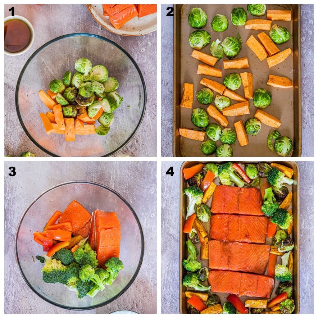 collage of all the steps involved in making salmon and veggies on a sheet pan