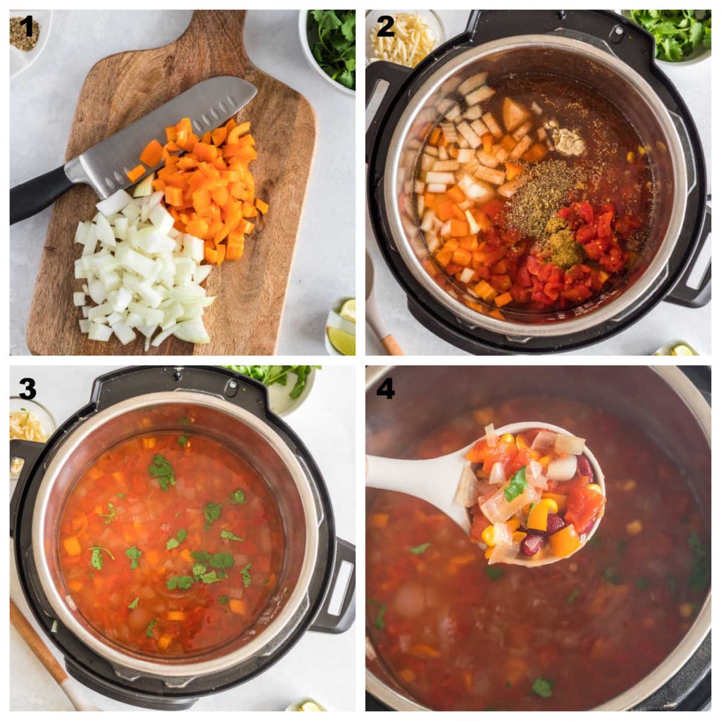 Process shots for making taco soup. Chop vegetables, add to instant pot, cook and then serve