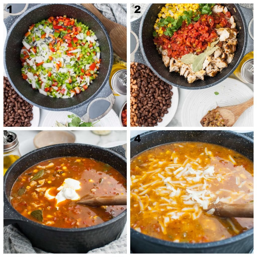 collage of all the steps required to make enchilada soup