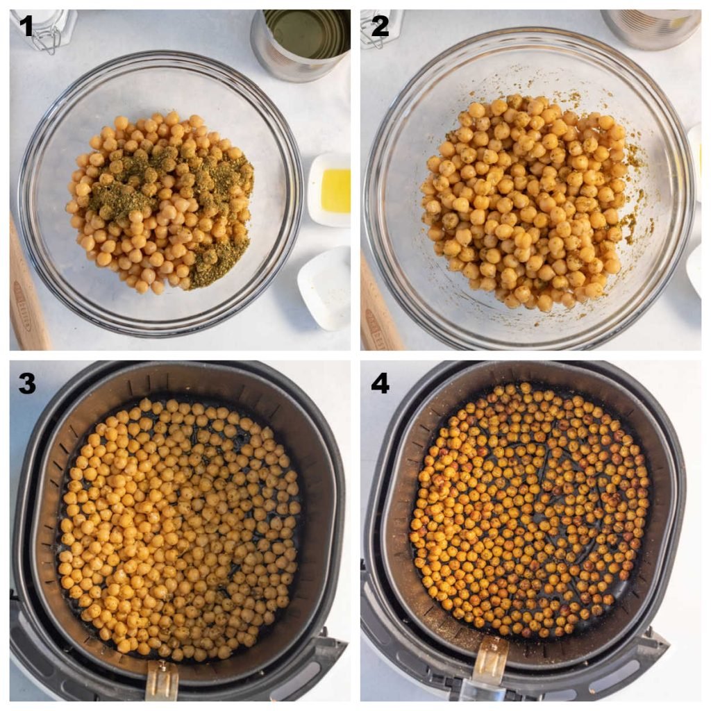 Process shots of steps needed to make chickpeas in the air fryer: add ingredients to a bowl, coat, add to air fryer, roast until crispy