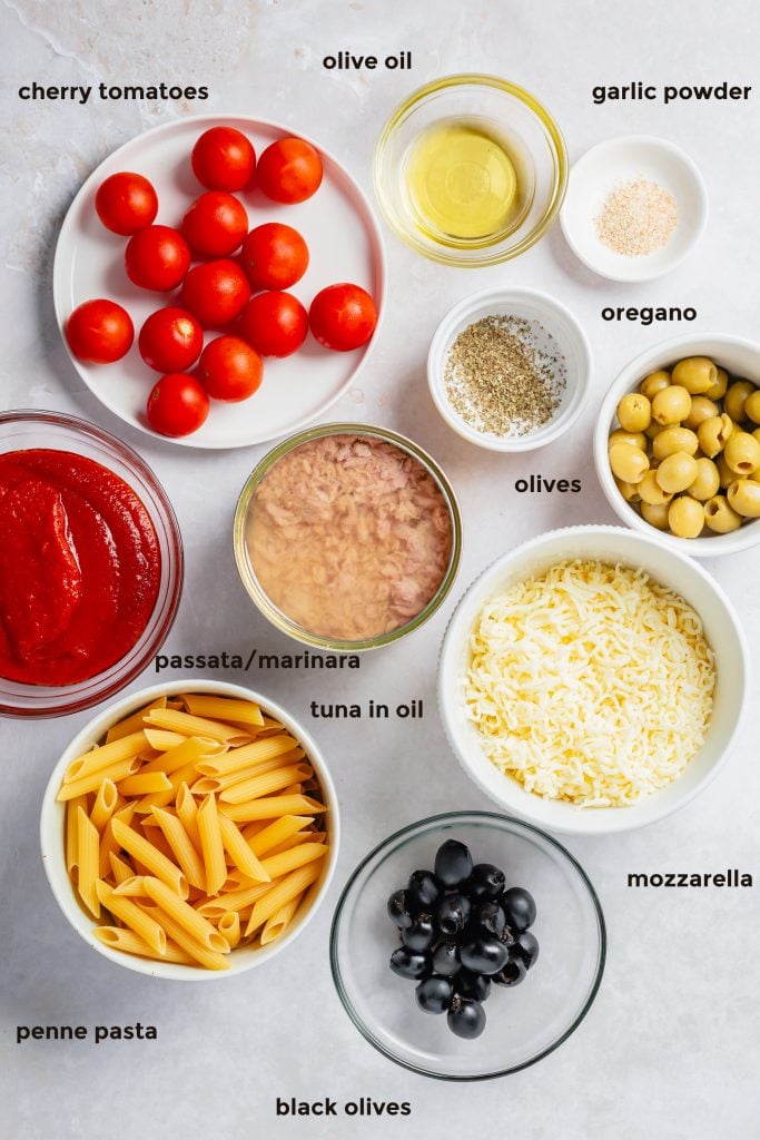 Overhead shot of all of the ingredients required to make a tuna bake