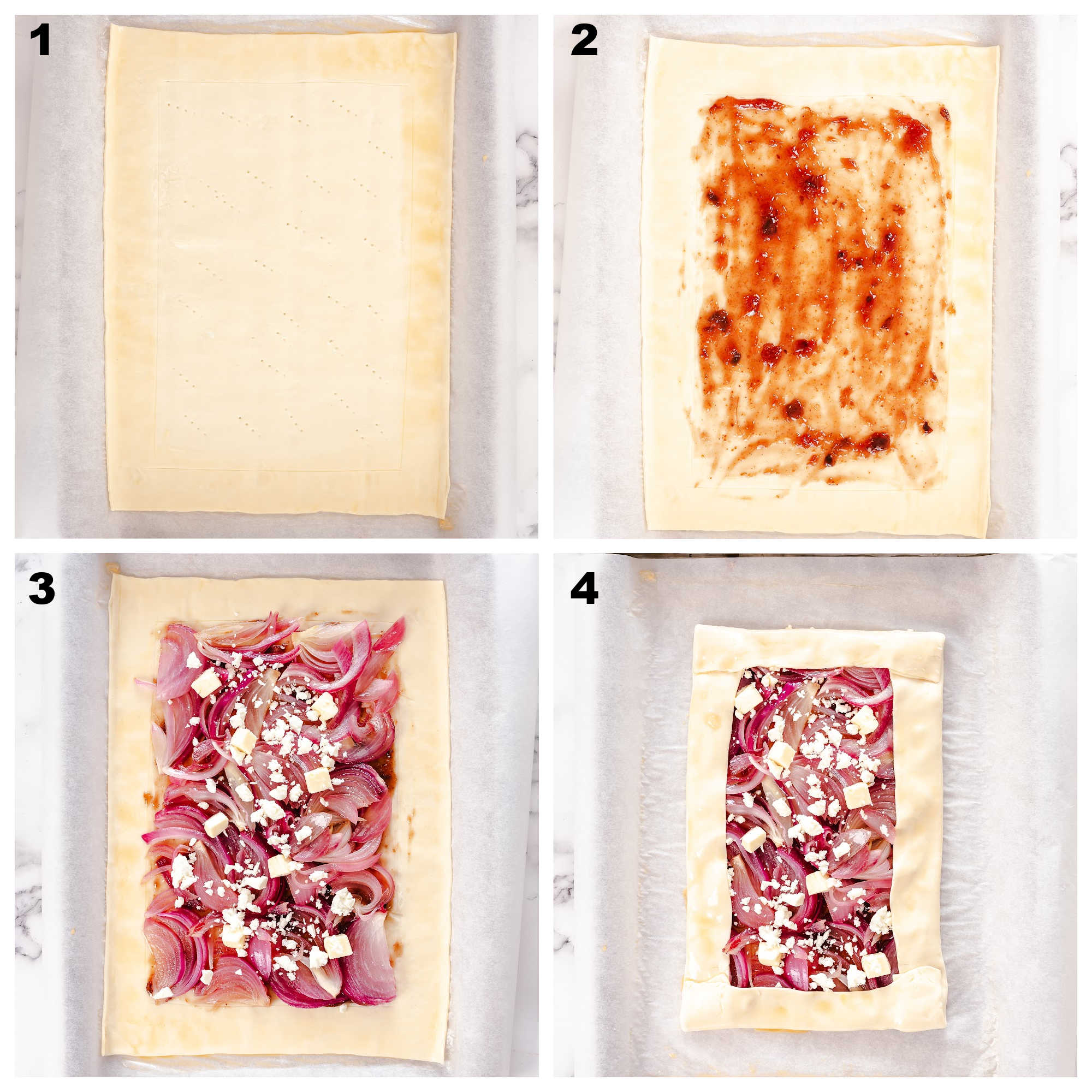 Collage of the process for making a puff pastry red onion tart