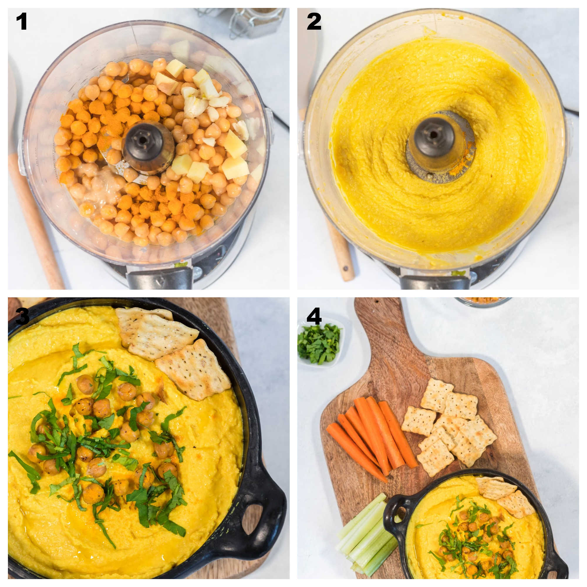 Collage of process shots for making turmeric hummus