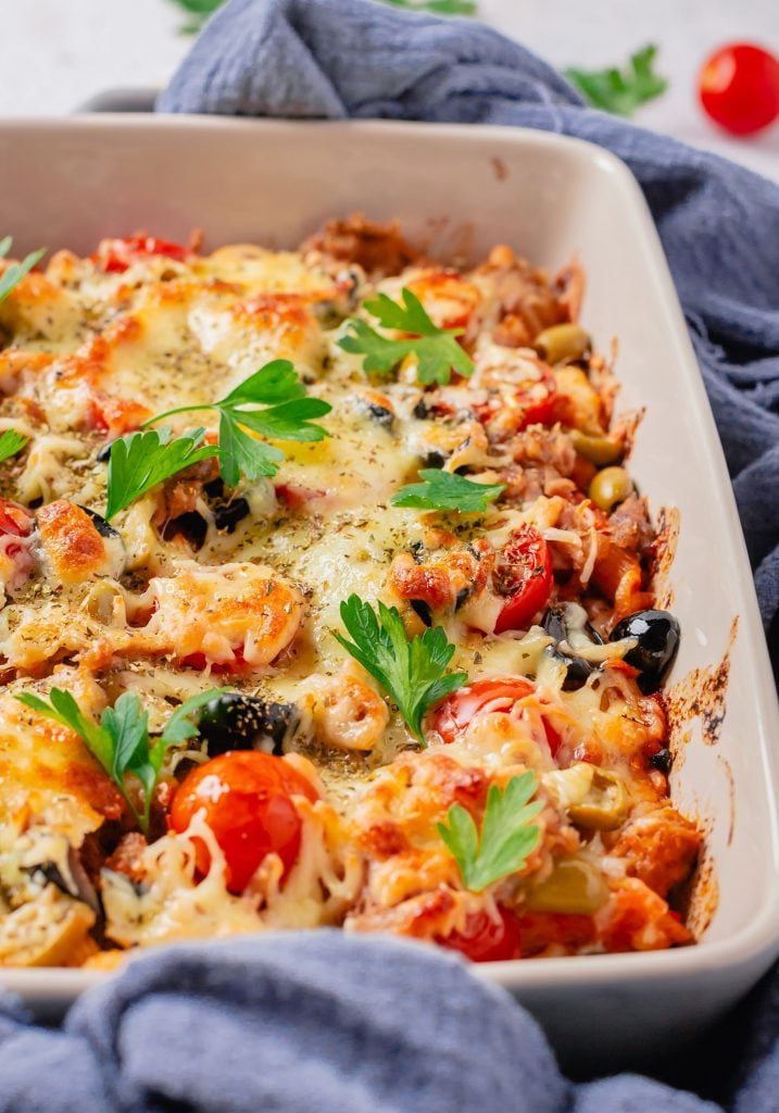 healthy tuna casserole served in a white casserole dish