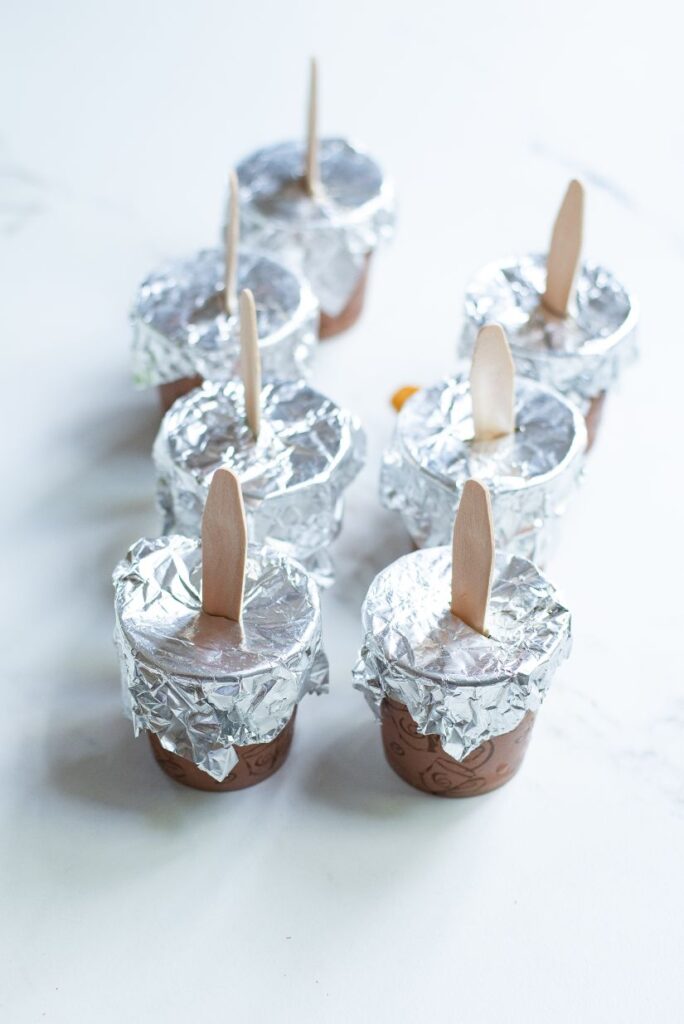 small espresso cups with aluminium foil on top and wooden popsicle sticks stuck in to make coconut popsicles