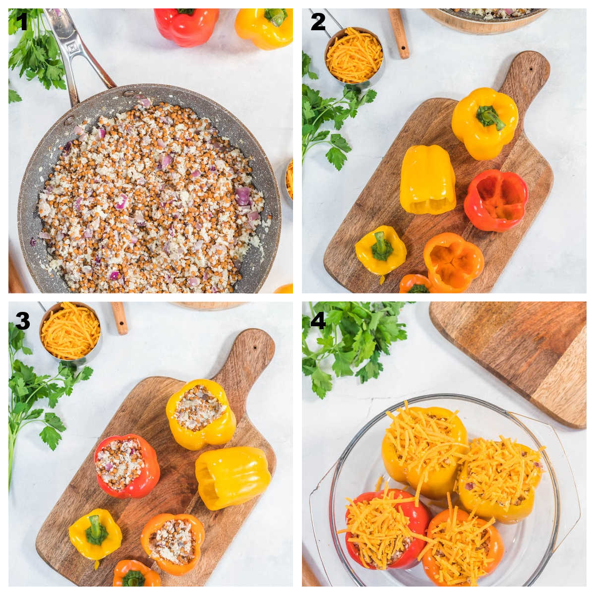 collage of the process for making stuffed bell peppers which includes making the cauliflower rice stuffing, cutting the tops off of the bell peppers, stuffing the bell peppers and baking the bell peppers.