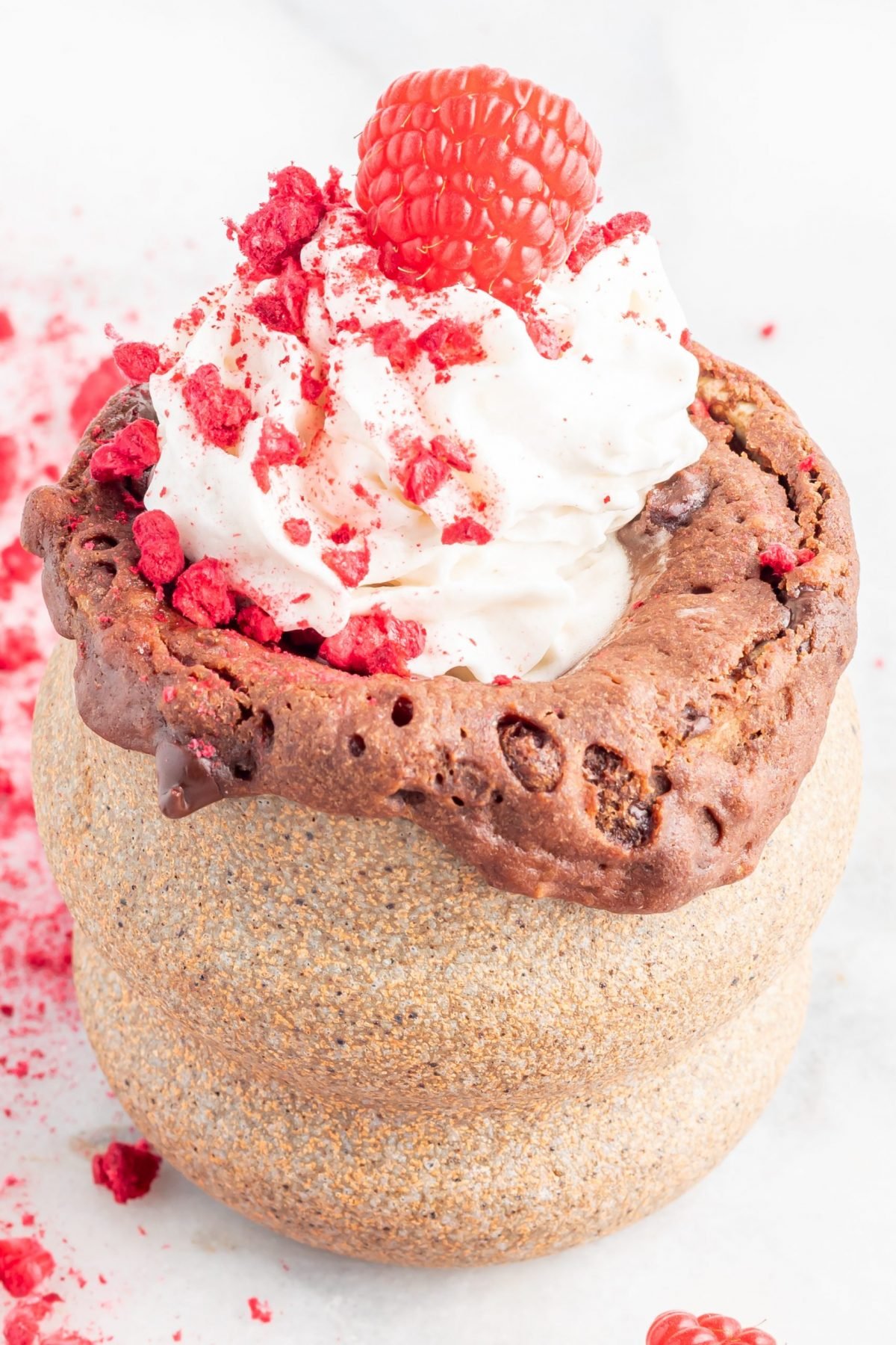 Earthware mug containing a chocolate cake topped with whipped cream and raspberrie. Dried crushed raspberries are sprinkled around the outside of the cup