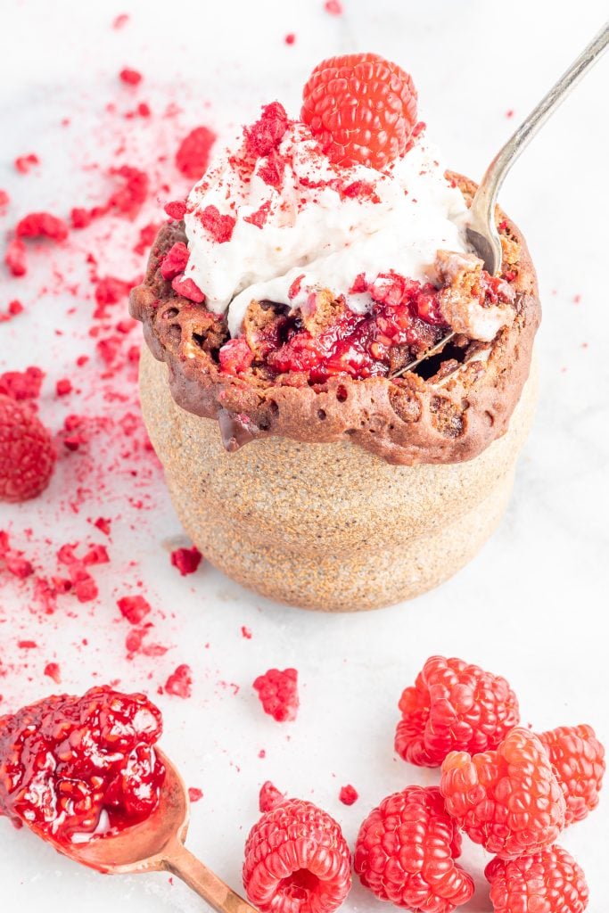 chocolate cake in a mug topped with whipped cream, crushed freeze-dried raspberries and fresh raspberries