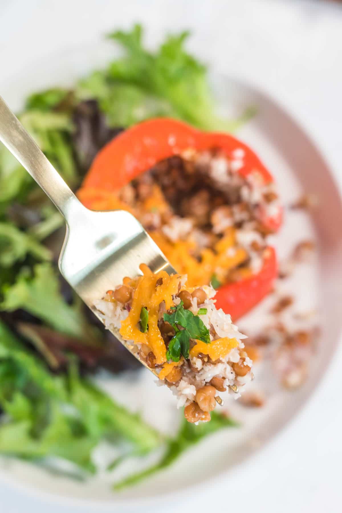 Up close shot of a fork containing a cauliflower rice and cheese mixture from a red bell pepper